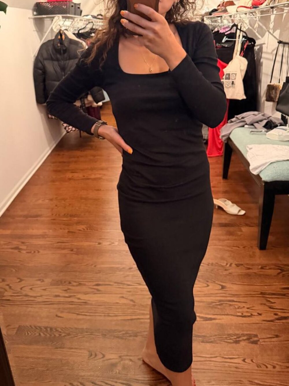 Three Dots Square-Neck Ribbed Knit Midi Dress